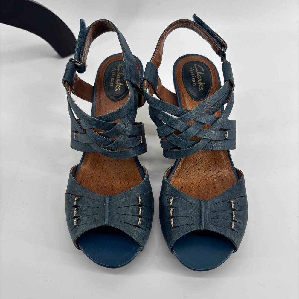 Clarks Artisan Kyna Womens Blue Leather Strappy Espadrille Wedge Sandal 7.5 Boho
